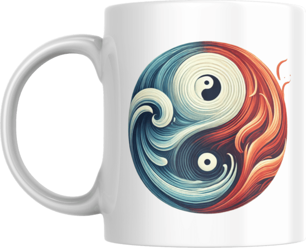 a white mug with a colorful design on it