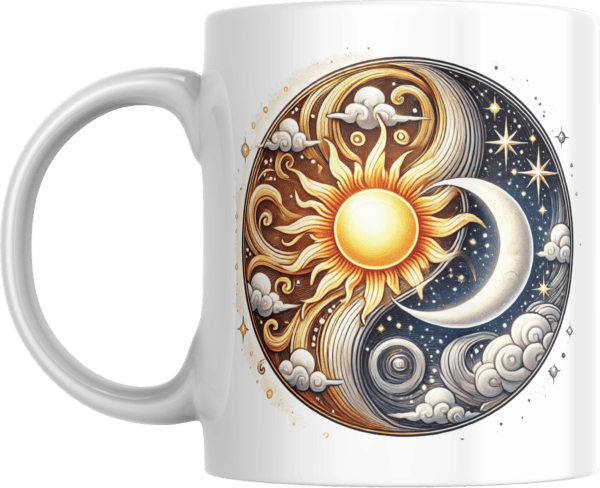 Mugg med Sol och Månmotiv – Kosmisk Balans i Unik Design